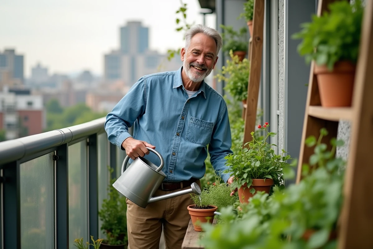 Homme cultivant un jardin urbain sur son balcon