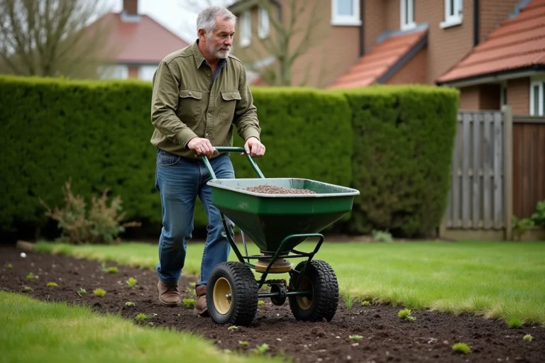 Homme utilisant une machine à semer le gazon dans un jardin suburban au printemps