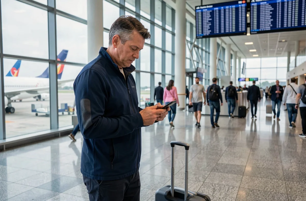 Homme consultant sa réservation Transavia sur smartphone dans un terminal d'aéroport international