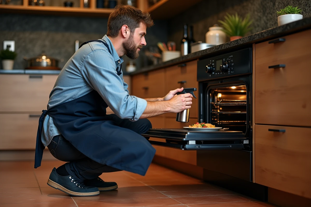 Homme utilisant un spray d'eau pour humidifier un four traditionnel et simuler la cuisson vapeur