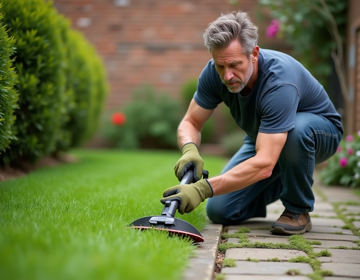 Homme utilisant un taille-bordure sans fil pour entretenir les bords d'une pelouse le long d'un chemin en pierre dans un jardin fleuri