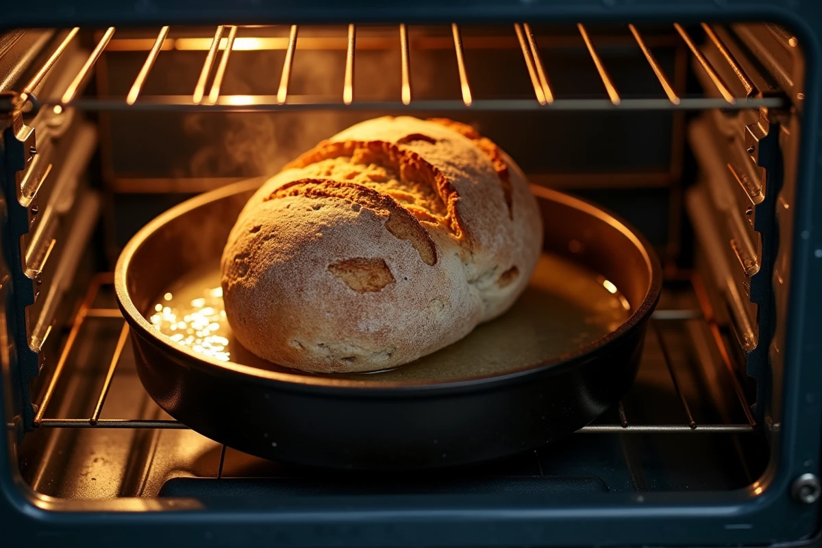 Vue intérieure d'un four traditionnel avec pain au levain et casserole d'eau bouillante pour cuisson vapeur