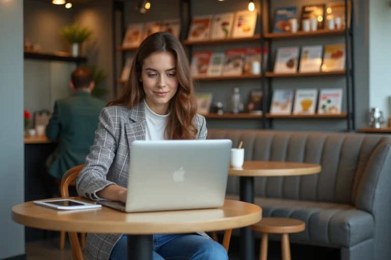 Jeune femme en blazer au café travaillant sur son ordinateur