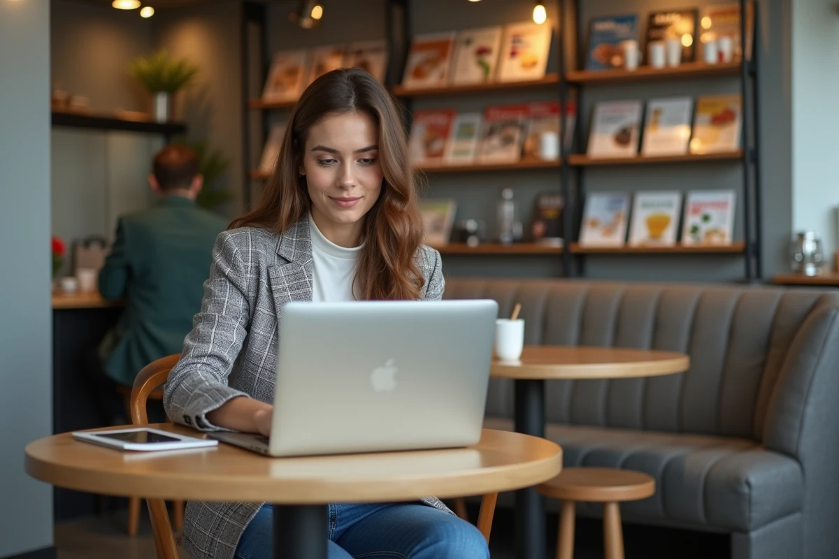 Jeune femme en blazer au café travaillant sur son ordinateur