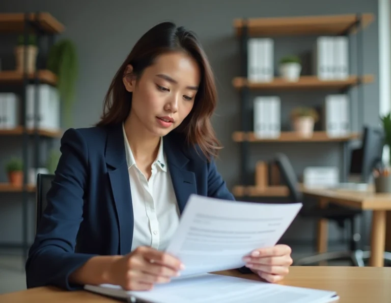 Jeune femme consultant un contrat d'apprentissage imprimé dans un bureau professionnel moderne