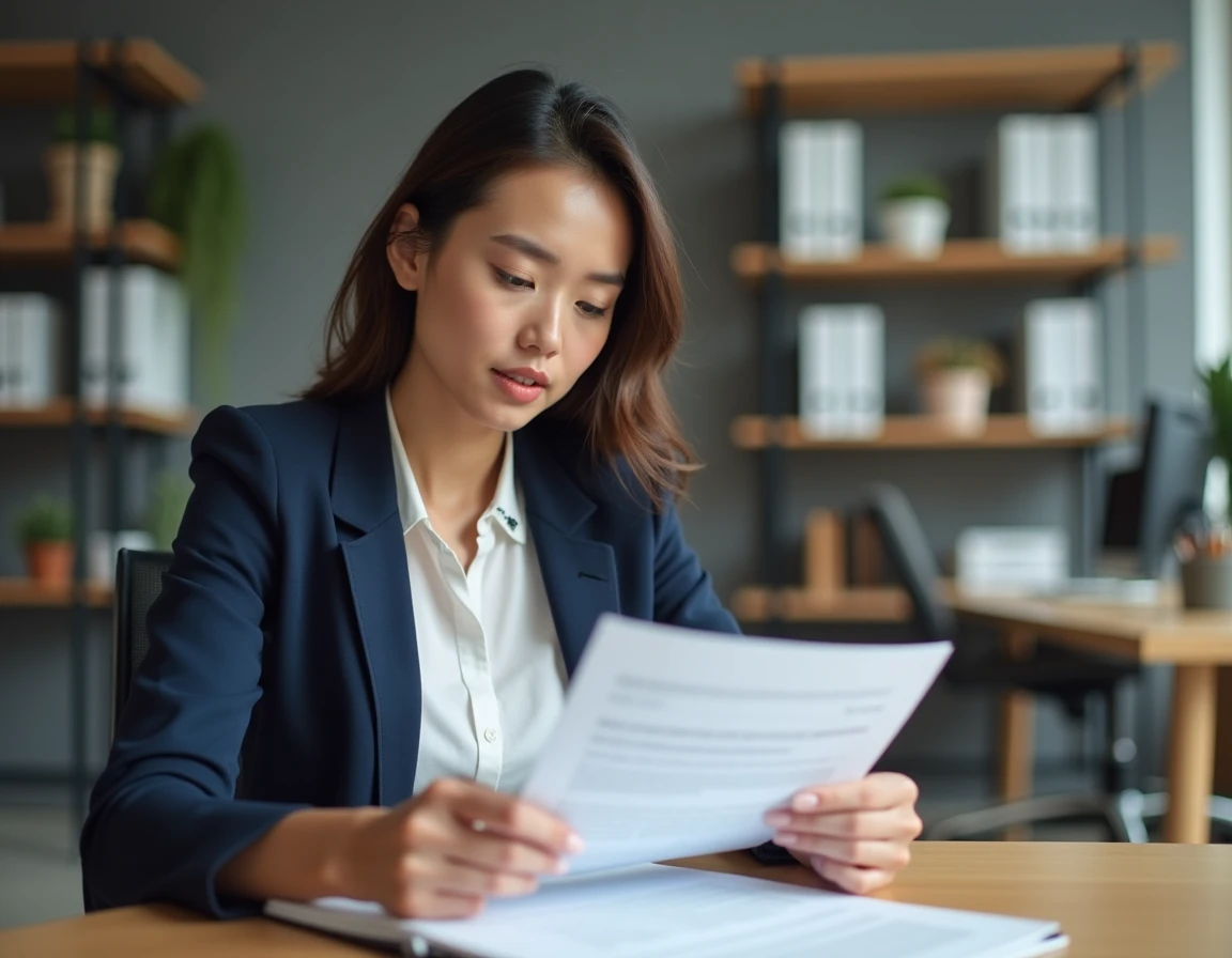 Jeune femme consultant un contrat d'apprentissage imprimé dans un bureau professionnel moderne