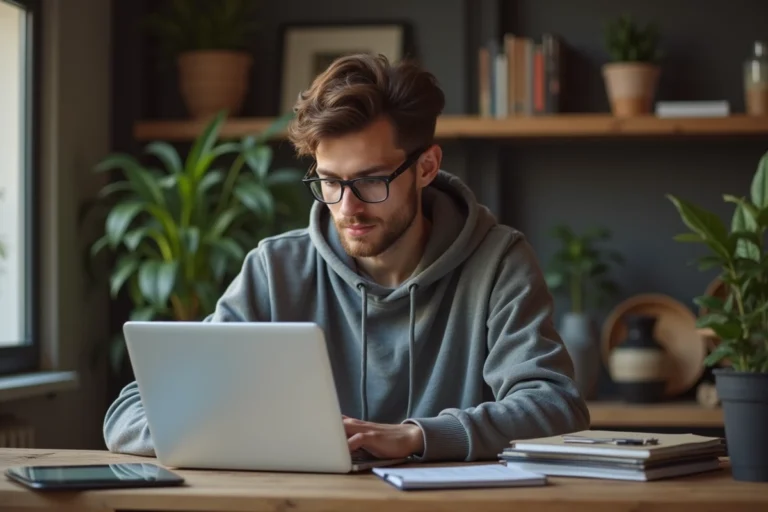 Jeune homme concentré sur son ordinateur dans un appartement moderne