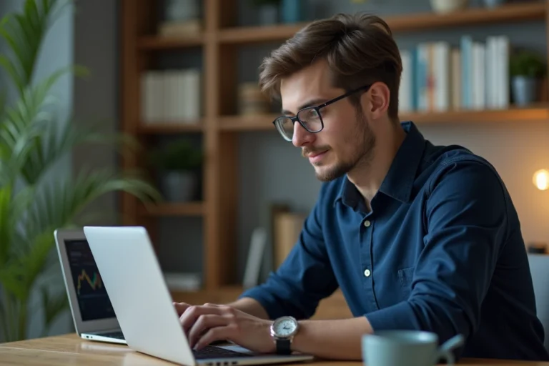 Jeune homme étudiant des graphiques financiers à domicile