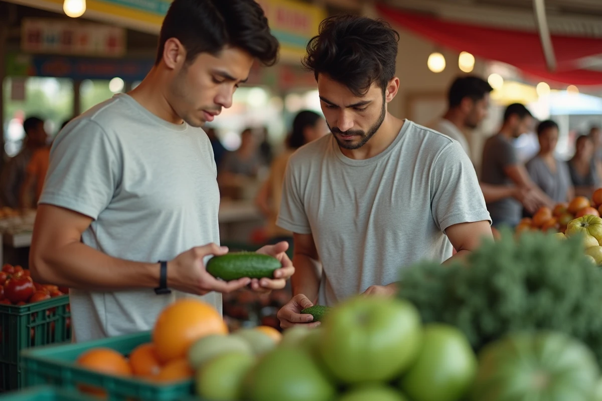 Jeune homme inspectant une courgette au marché