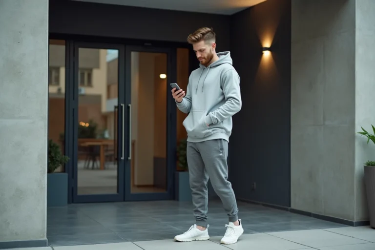 Jeune homme en tenue sportive regardant son smartphone devant une salle de sport