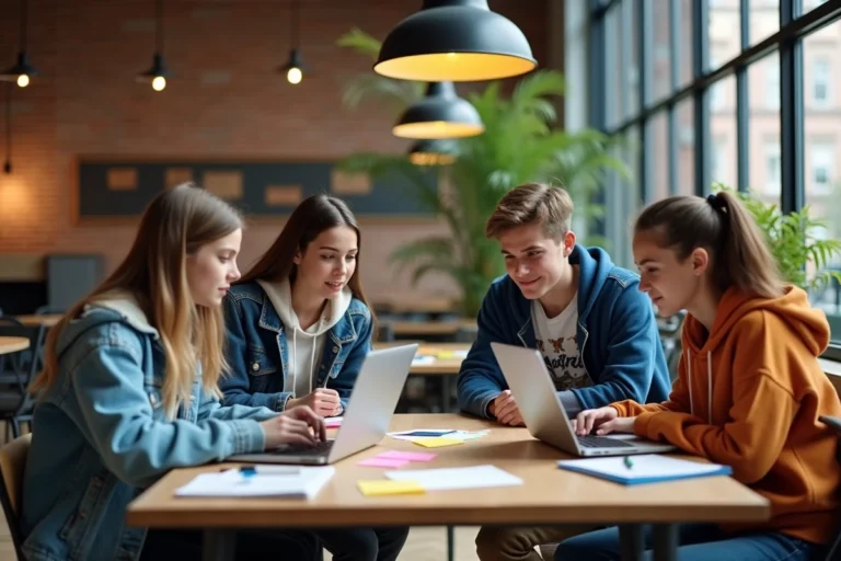 Groupe de jeunes adolescents collaborant sur un projet créatif dans un espace de coworking moderne avec laptops et carnets de croquis