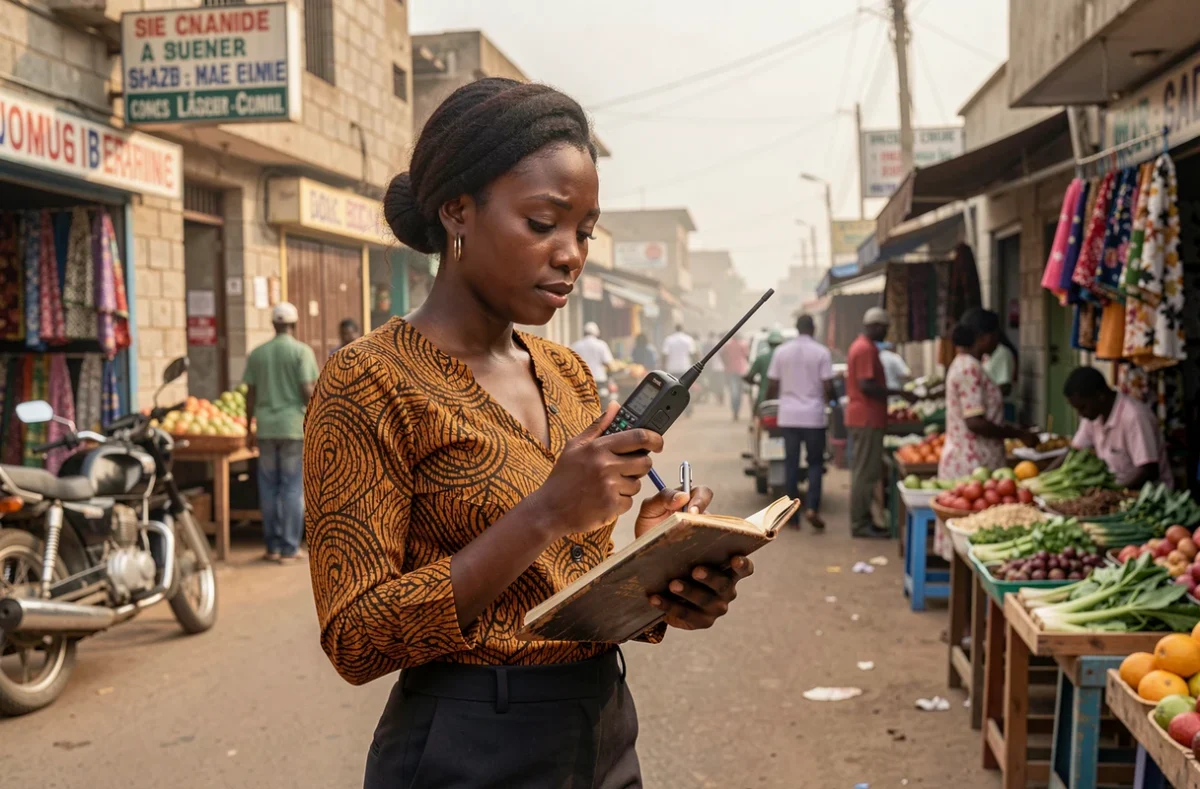 Journaliste burkinabè en reportage de terrain dans un marché de Ouagadougou, enregistrant des témoignages politiques