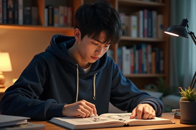 Jeune homme lisant un manga Blue Lock à son bureau dans une chambre cosy remplie de volumes de manga
