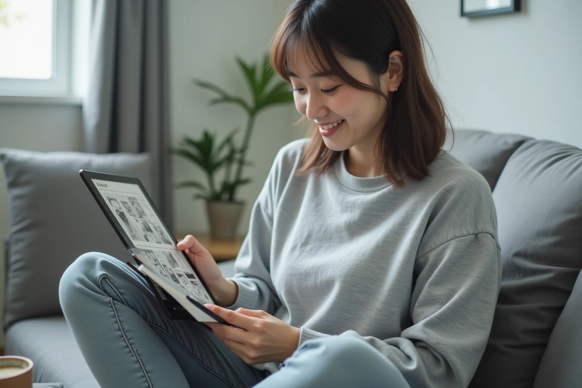Jeune femme lisant un scantrad de manga sur tablette confortablement installée dans un salon moderne
