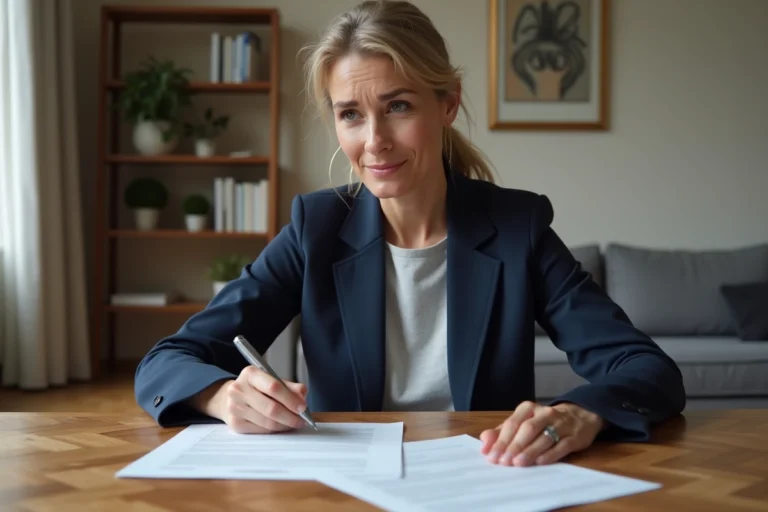 Locataire lisant attentivement un contrat de location Foncia avant de signer, assise à son bureau dans un appartement moderne