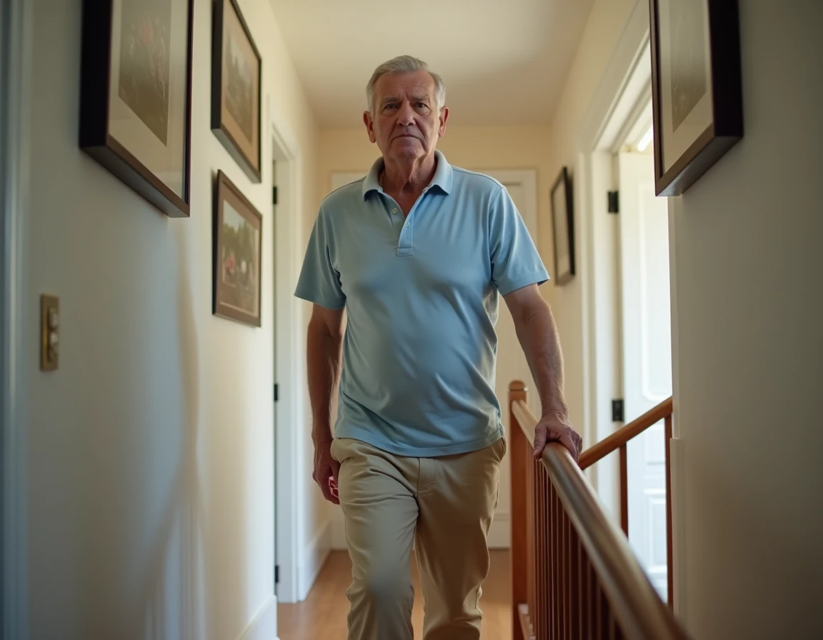 Senior homme marchant dans un couloir d'appartement et commençant à monter des marches pour s'exercer