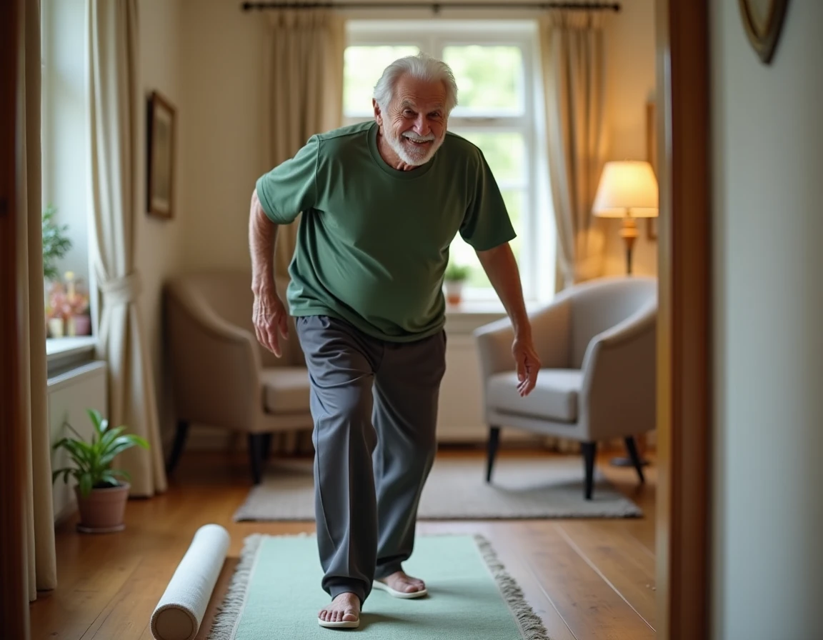 Senior homme réalisant un parcours moteur dans le couloir de son appartement en enjambant des obstacles