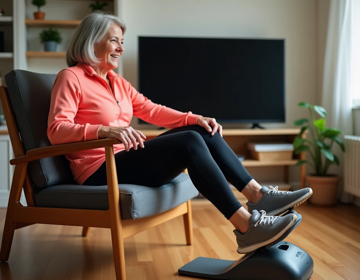 Senior femme utilisant un pédalier d'appartement posé au sol devant sa chaise dans le salon