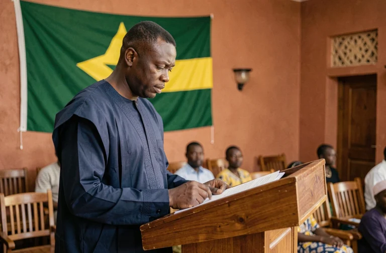 Homme politique burkinabè en boubou traditionnel navy à la tribune lors d'une conférence officielle à Ouagadougou