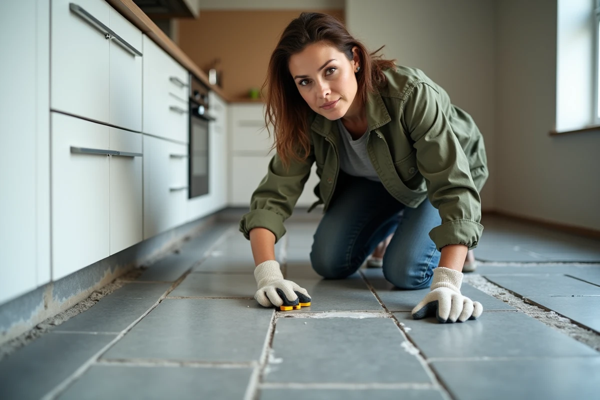 Femme posant du carrelage gris dans une cuisine en rénovation, accroupie avec un outil de nivellement et des gants de travail