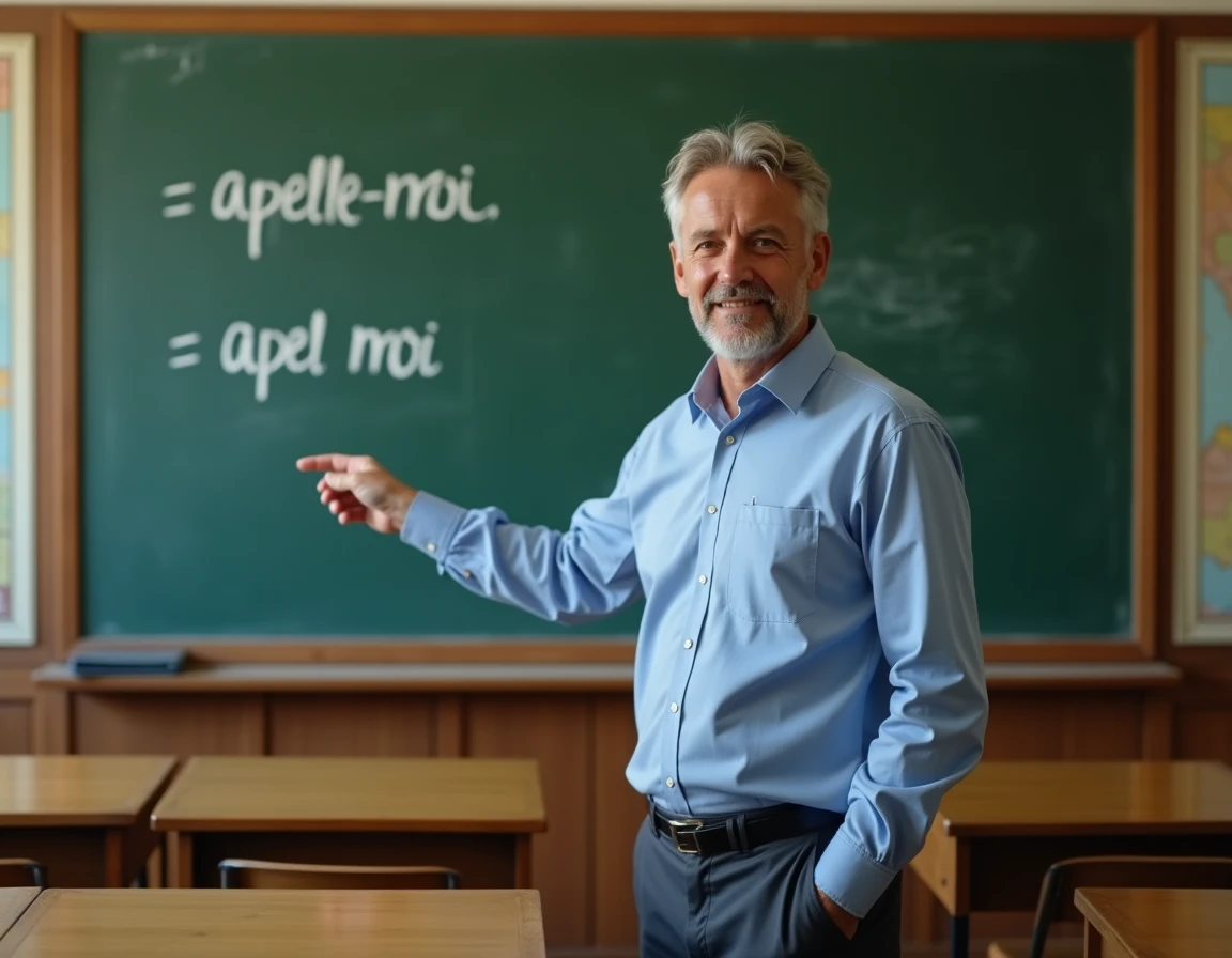 Professeur de français devant un tableau noir montrant la différence orthographique entre appelle moi et appel moi en classe