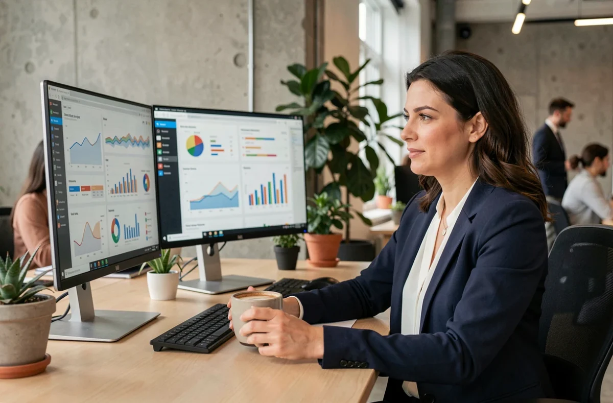 Professionnelle en agence de marketing analysant des données sur des écrans dans un bureau moderne