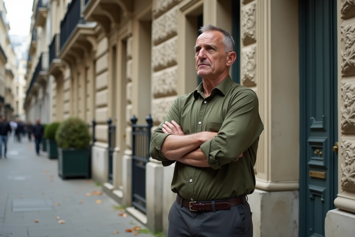 Propriétaire immobilier pensif devant un immeuble parisien géré par une agence de gestion locative comme Foncia