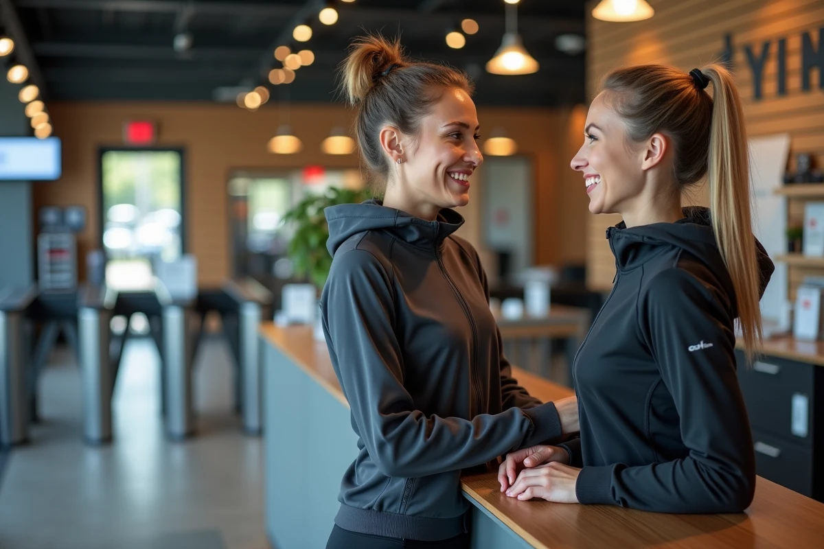 Femme discutant avec la receptionniste dans un gymnase moderne