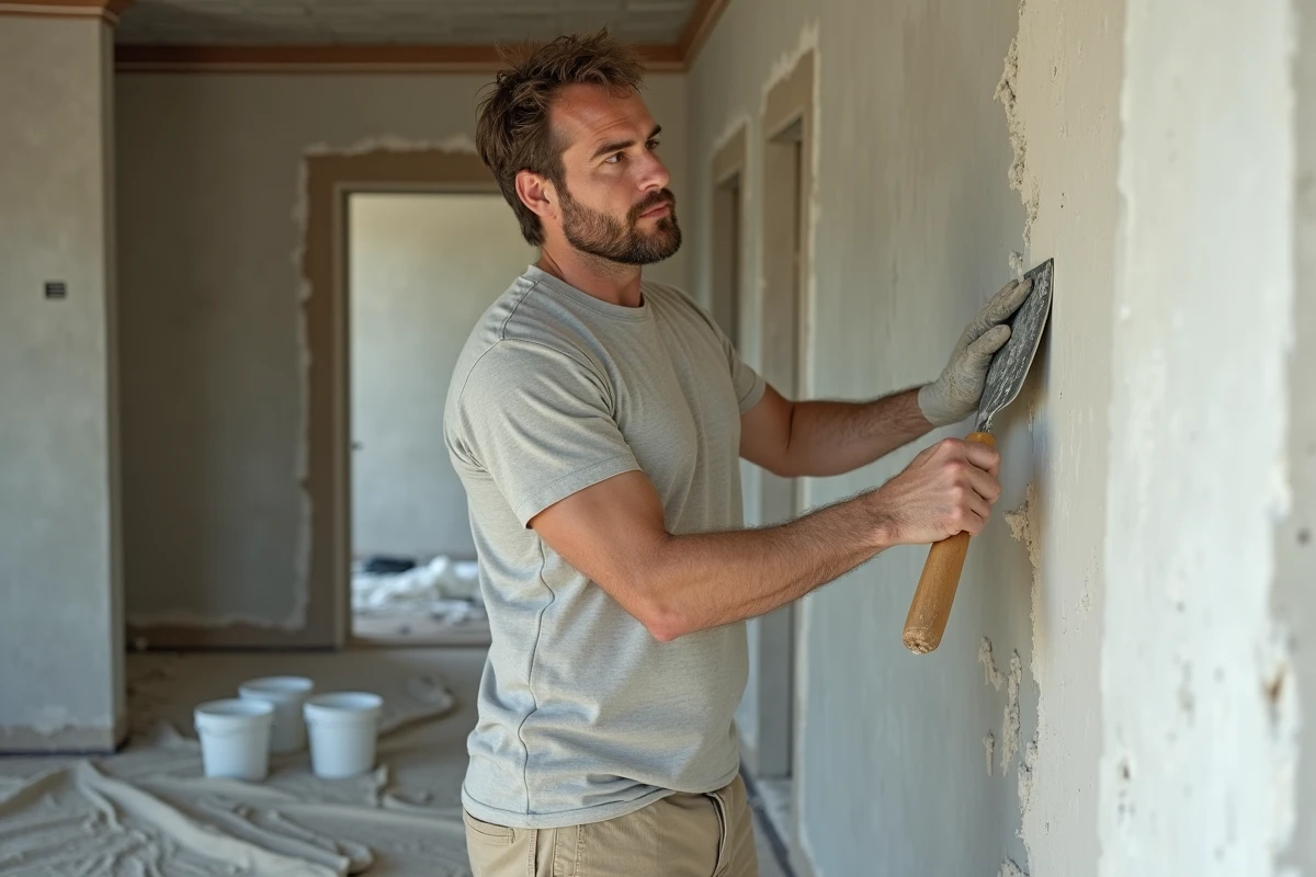Homme en train d'appliquer de l'enduit mural dans une pièce en cours de rénovation, tenant une spatule métallique avec un regard concentré