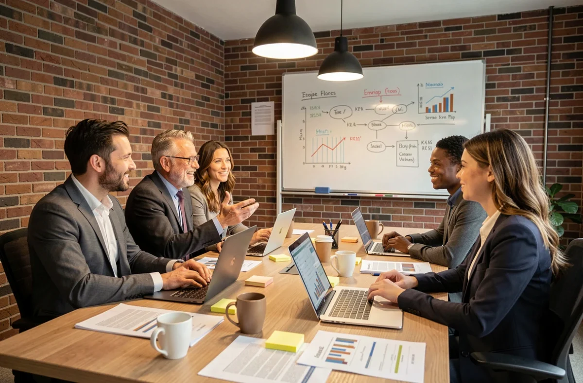 Équipe de professionnels en réunion de stratégie autour d'une table de conférence avec rapports et ordinateurs portables