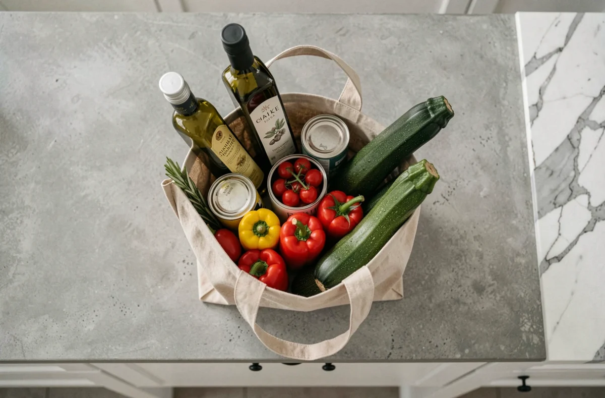 Sac de courses réutilisable rempli de produits frais et d'épicerie de style méditerranéen sur un plan de travail de cuisine