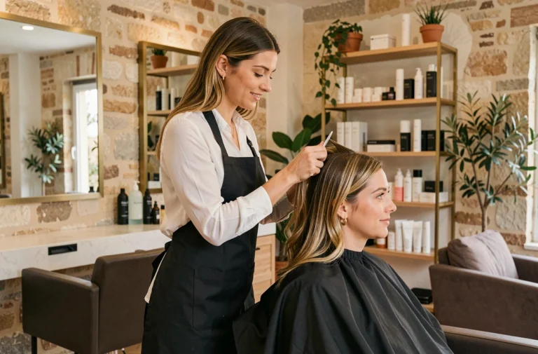 Coiffeuse professionnelle coupant les cheveux d'une cliente dans un salon de coiffure moderne et élégant de l'Hérault