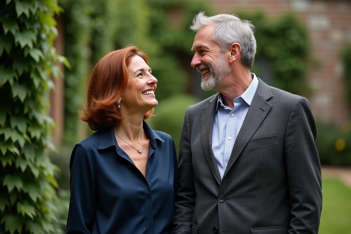 Couple élégant posant ensemble dans un jardin privé en pierre, illustrant la vie conjugale et familiale de Samantha de Bendern