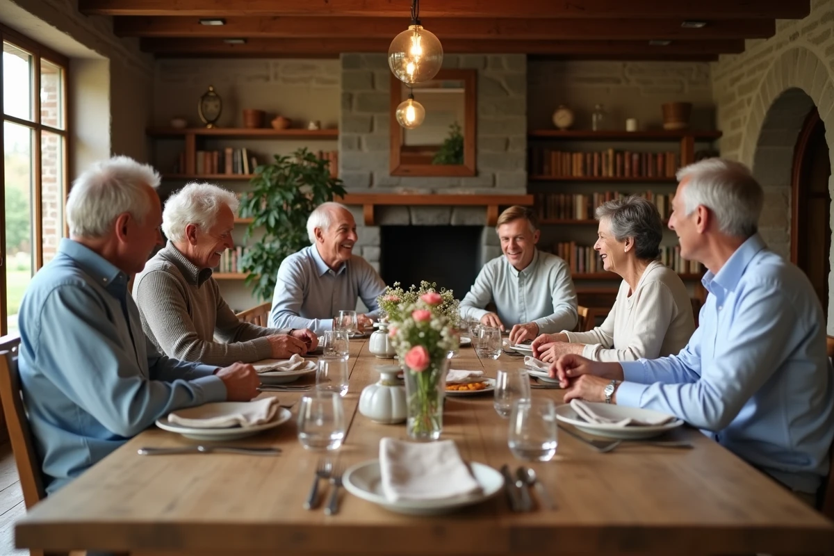 Réunion de famille multigénérationnelle autour d'une table dans une maison de campagne française, représentant l'environnement familial de Samantha de Bendern