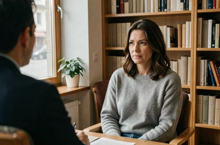 Femme en séance de soutien psychologique dans un cabinet de thérapeute en Suisse