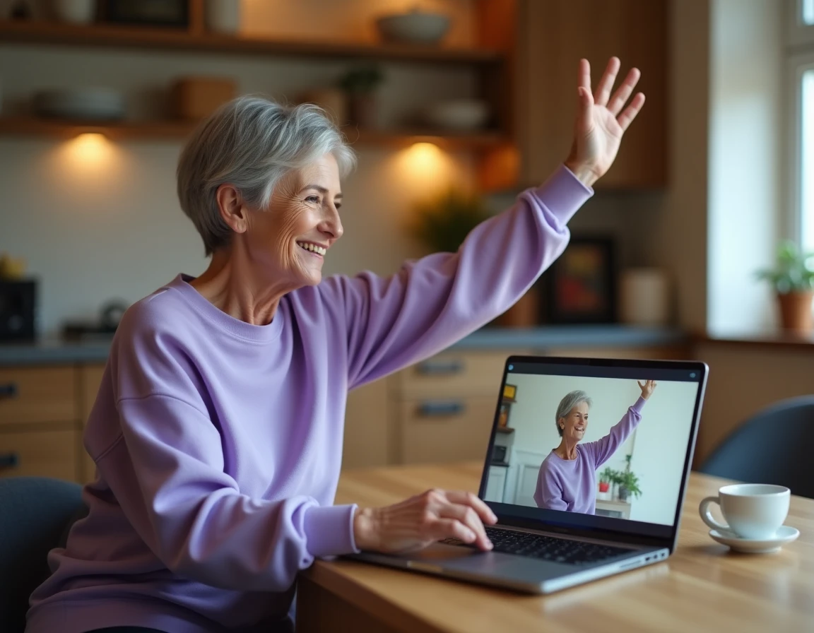 Senior femme participant à une séance d'activité physique adaptée en visioconférence depuis sa salle à manger
