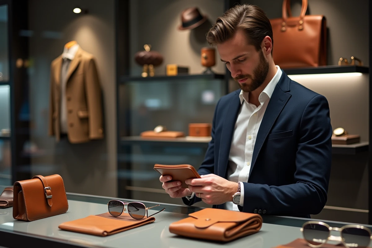 Homme stylé examinant un portefeuille en cuir premium dans un concept store moderne aux accessoires sélectionnés