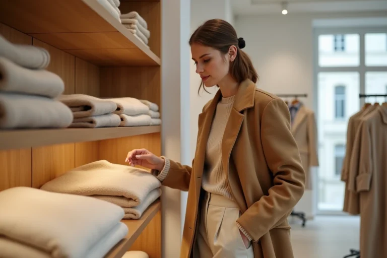 Femme élégante en manteau camel feuilletant des articles raffinés dans une boutique de mode parisienne minimaliste