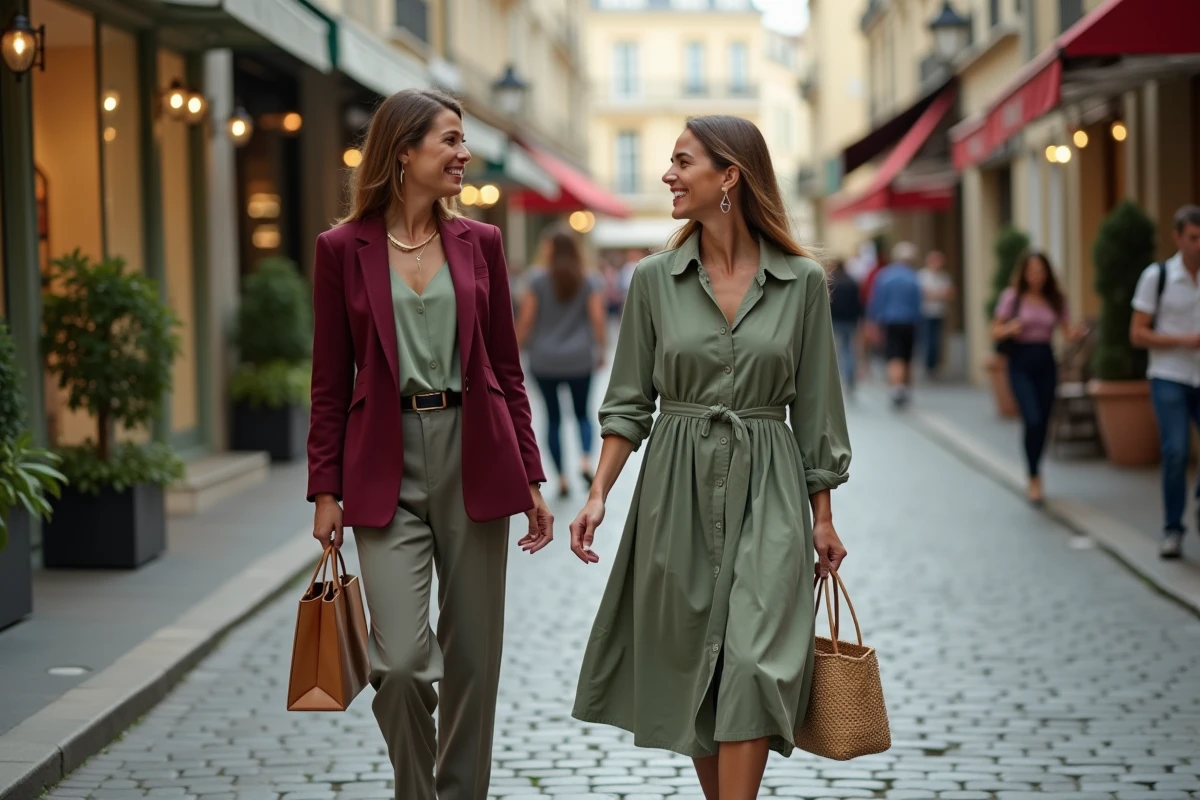 Deux femmes élégantes comparant leurs achats devant des boutiques raffinées sur une rue pavée parisienne