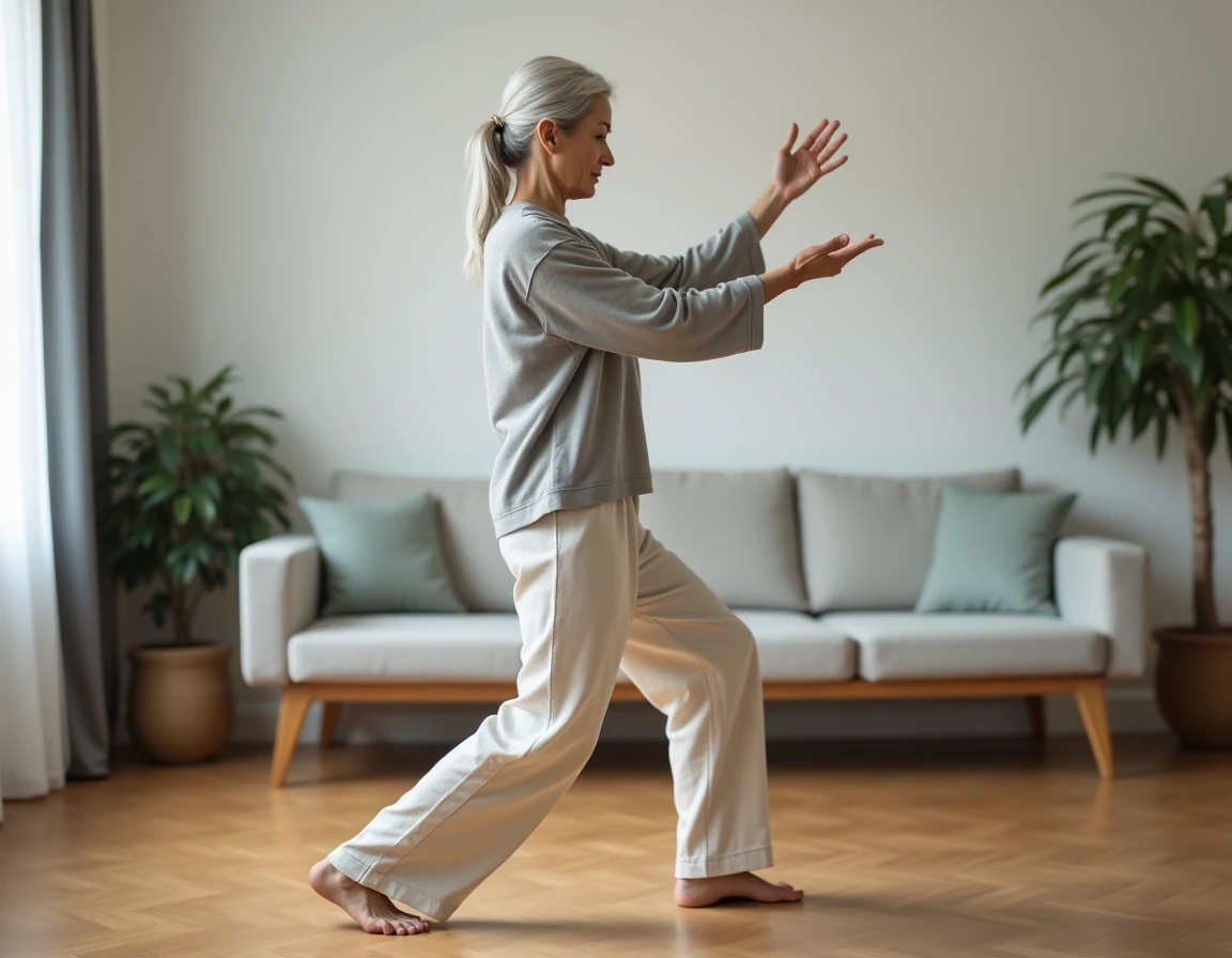 Senior femme pratiquant le tai-chi simplifié dans son salon, mouvement lent des bras en position détendue