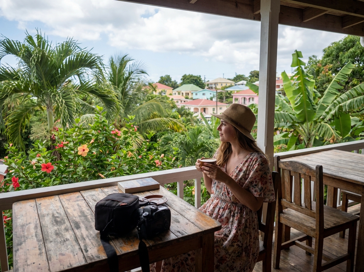 Femme seule dans un café tropical en voyage